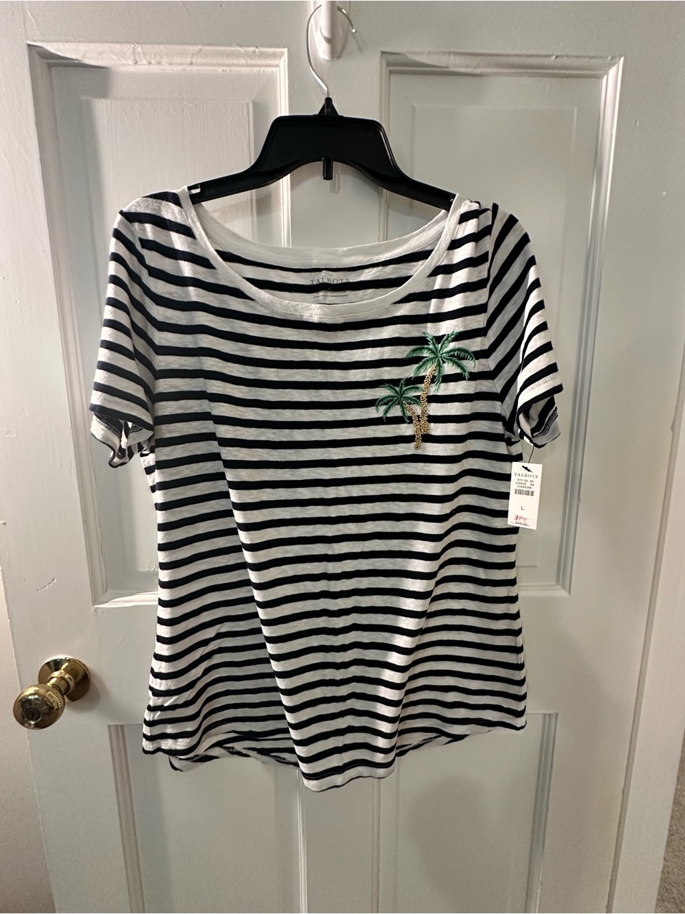 Talbots Navy & White Striped Short Sleeve Tee with Palm Embroidery
